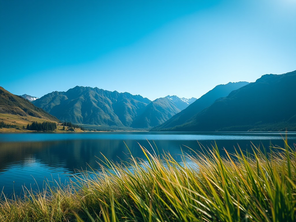 Capture a serene landscape of a tranquil lake surrounded by mountains under a clear blue sky, using a Canon EOS R5, 24mm lens, f/8 aperture, ISO 100, 1/200s shutter speed, with a wide-angle view and sharp focus on the foreground grass for enhanced image depth.