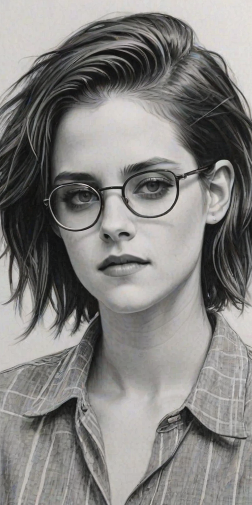 Exquisite Kristen Stewart, pencil sketch, portrait of Sublime woman 1927s in glasses, hair style beatnik, outline, clear lines, fine lines, 8k