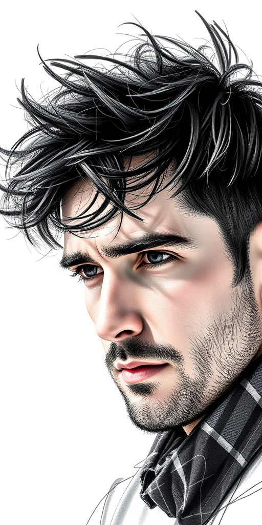 Create a high-resolution sketch of a contemplative man with tousled hair, using a DSLR camera at 50mm, aperture f/1.8, ISO 100, natural light, soft focus background, emphasizing facial features and texture.
