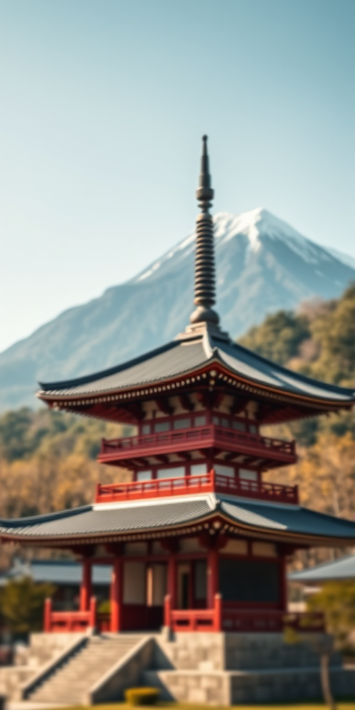 Create a high-resolution image of an Asian pagoda-style building situated near a mountain, captured using a DSLR camera with a 50mm lens, aperture f/1.8, ISO 100, in a bright daylight setting with a slight tilt-shift effect for depth.