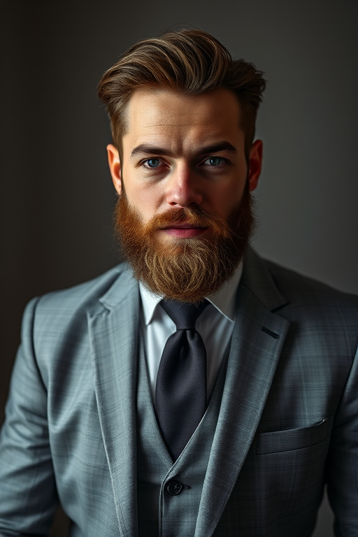 RAW photo, a candid full body portrait of a beautiful man with a beard in a grey suite printed with fractal art, 8k uhd, dslr, soft lighting, high quality, film grain, Fujifilm XT3