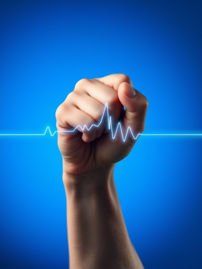 Create an image of a human fist clenching with a heartbeat line graph emerging from it, in a minimalist style, using a Canon EOS R5 camera, 50mm lens, f/1.8 aperture, 1/100s shutter speed, ISO 100, shot in a studio setting with soft lighting and a gradient blue background for enhanced contrast.