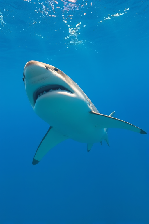 Create a high-resolution illustration of a shark swimming in clear blue water, using a Canon EOS 5D Mark IV with a 50mm f/1.8 lens, aperture set to f/8, ISO 200, shot at 1/250 second, captured in a balanced natural light setting, with a focus on the shark's details and vibrant colors.