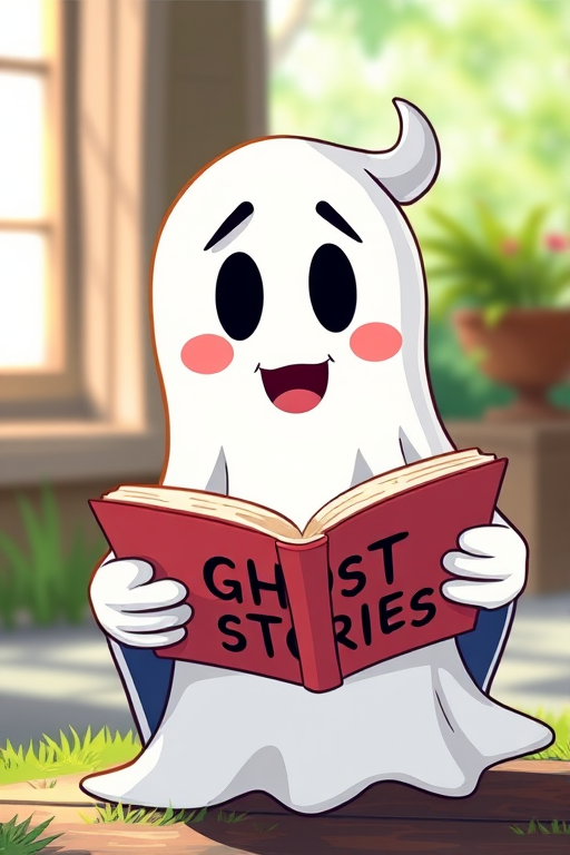 Create a detailed illustration of a playful cartoon ghost reading a book titled "Ghost Stories" with an excited expression, shot with a Canon EOS R5, 50mm lens, f/1.8 aperture, in bright daylight, with a soft focus background to enhance the ghost's vibrant colors and playful nature.