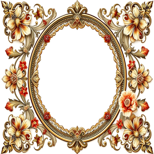 Create a vintage-style ornate frame with intricate floral and decorative elements, using a 50mm lens at f/1.8 aperture, captured with a DSLR camera from a frontal view and in natural light to enhance detail and clarity.