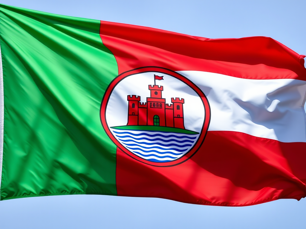 Create a high-resolution image of a flag featuring a circular emblem with a castle and water, incorporating green and red colors, using a DSLR camera with a 50mm lens at f/1.8, ISO 100, and a focus on vibrant colors in natural light.