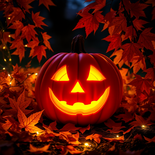 A glowing jack-o-lantern surrounded by colorful autumn leaves and warm fairy lights in a dark outdoor setting.