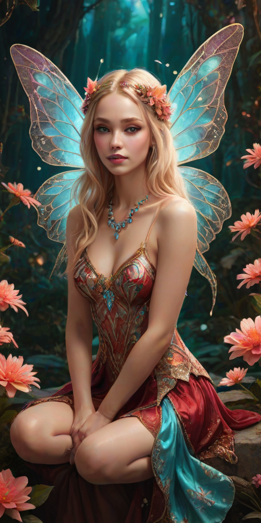 A digital artwork features a winged fairy with delicate Cerise butterfly wings, adorned with intricate Cyan andAuburn patterns. She is seated on a vibrant Sepia flower, wearing a revealing red two-piece outfit with sparkling beadwork. Her fair skin, long blonde hair, and gold jewelry add to her ethereal appearance. The background is a warm, golden gradient, creating a magical atmosphere. Small glowing orbs and sparkles surround the flower, enhancing the enchanting, highly detailed, and realistic scene.