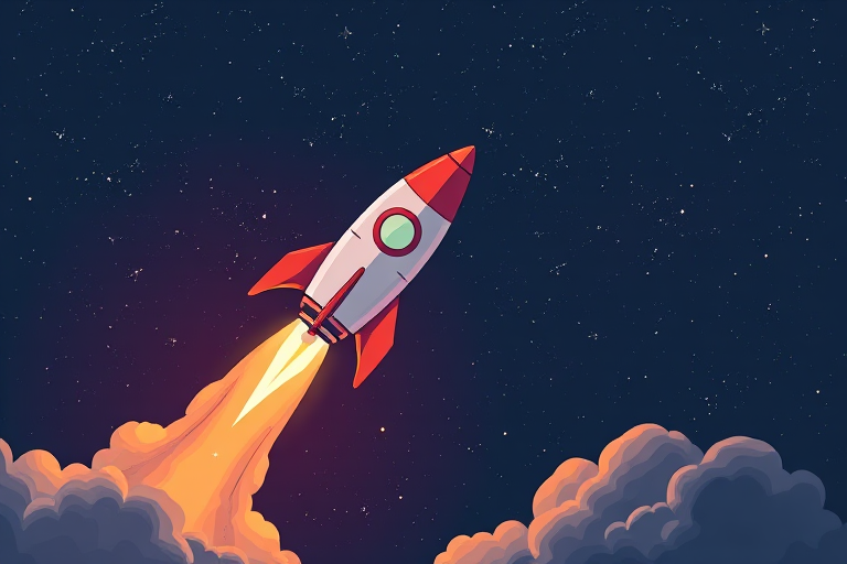 Create a detailed illustration of a small rocket launching into space with a starry background, shot with a Canon EOS 5D Mark IV, 50mm lens, aperture f/2.8, ISO 400, top-down view, using a vibrant color palette to enhance the visual appeal.