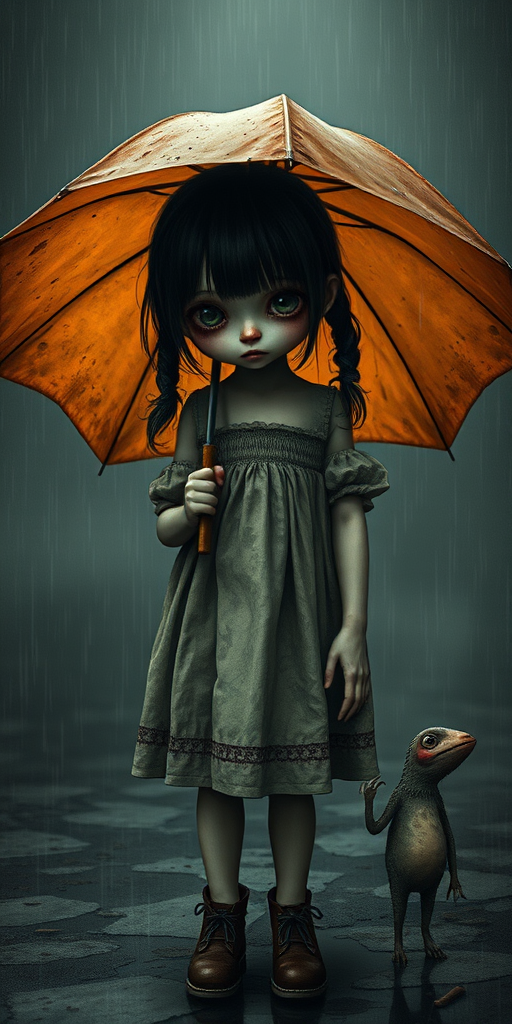 An eerie, weird little girl with dark hair in thin pigtails, wearing a smock dress, standing in the rain, holding a dirty orange umbrella, a small, odd creature beside her. In a surreal style inspired by Nicoletta Ceccoli and Brian Froud. Dark fantasy themes
