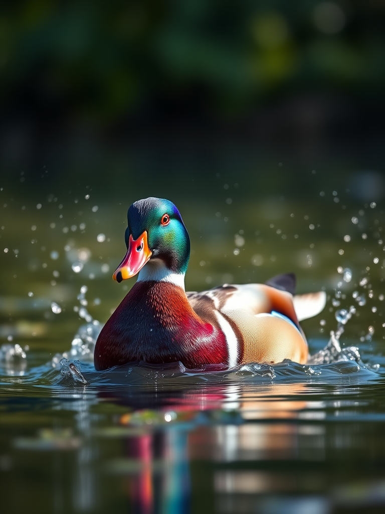 A vibrant duck splashing in shimmering water surrounded by a softly blurred natural background, captured with a Canon EOS R5, 85mm f/1.4 lens, aperture f/2.8, ISO 100, 1/1000 sec, in natural light for enhanced detail and color.