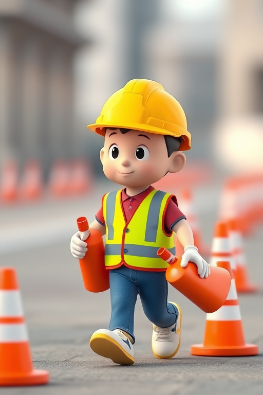 create an image of a 3D character wearing a yellow hard hat and a reflective green safety vest, carrying orange traffic cones while walking, shot with a DSLR camera at 50mm focal length, f/2.8 aperture, ISO 100, natural lighting, with a shallow depth of field for enhanced focus on the character