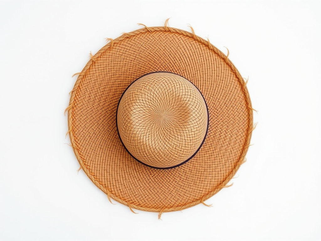straw hat on a plain background, high resolution, camera settings: f/2.8, 1/125s, ISO 100, 50mm lens, top-down view, natural lighting, DSLR camera