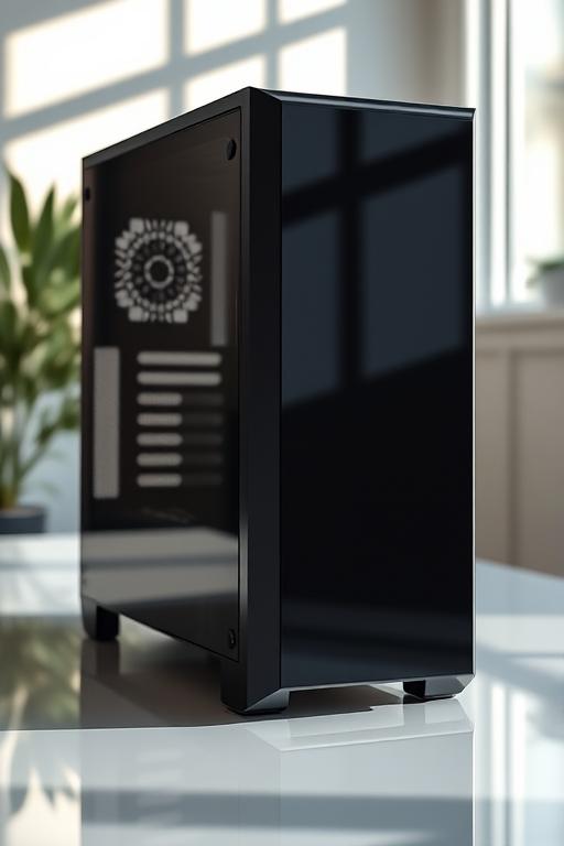 create a high-resolution image of a sleek black computer tower on a reflective surface with soft shadows, using a DSLR camera with a focal length of 35mm, aperture set to f/8, ISO 100, and natural light from the left side, capturing a three-quarter view to emphasize depth and detail
