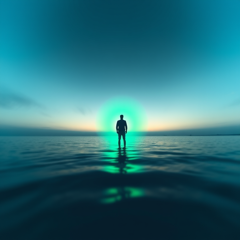 Generate an ethereal image of a silhouette of a person standing on a tranquil ocean with a mystical green glow surrounding them, captured from a low-angle view using a DSLR camera at f/2.8, ISO 100, and a focal length of 50mm, with a shallow depth of field to create a dreamy bokeh effect in the background.