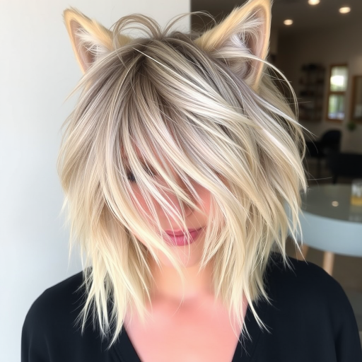 Chic ash blonde wolf cut with choppy layers and curtain bangs, styled in a messy bedhead texture for an effortlessly cool and trendy appearance