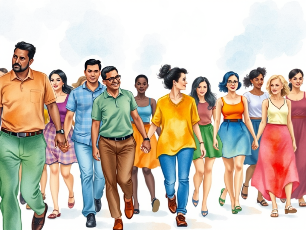 Create a vibrant watercolor illustration of a diverse group of people walking hand in hand, featuring a variety of skin tones and colorful clothing, captured with a Canon EOS R5, 35mm lens, f/2.8 aperture, in a soft-focus background for depth, while enhancing colors and details in post-processing.