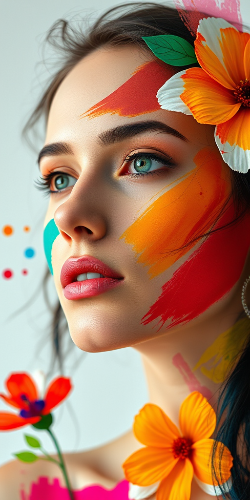 Create a vibrant portrait of a woman's face with colorful abstract brushstrokes and floral elements, using a Canon EOS R5 with a 50mm f/1.2 lens, ISO 100, aperture f/1.8, shutter speed 1/200s, shot in studio lighting for clarity and detail.