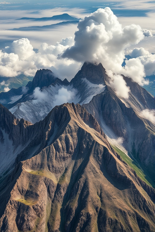 High-resolution aerial view of rugged mountain landscape with dramatic peaks and clouds, ISO 100, aperture f/8, shutter speed 1/500s, wide-angle lens, DSLR camera, HDR imaging.