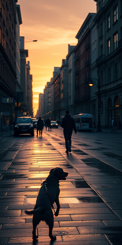 regenerate an atmospheric cityscape during sunset with reflections on wet streets and silhouettes of people and dogs, using a DSLR camera, 35mm lens, f/4 aperture, ISO 200, at a low angle view for added depth and clarity, capturing soft, diffused light.
