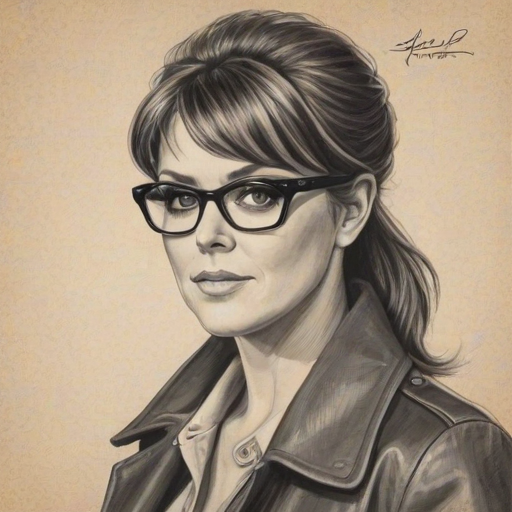 Stunning Amanda Tapping, pencil sketch, portrait of Splendid woman 1964s in glasses, hair style beatnik, outline, clear lines, fine lines, 8k
