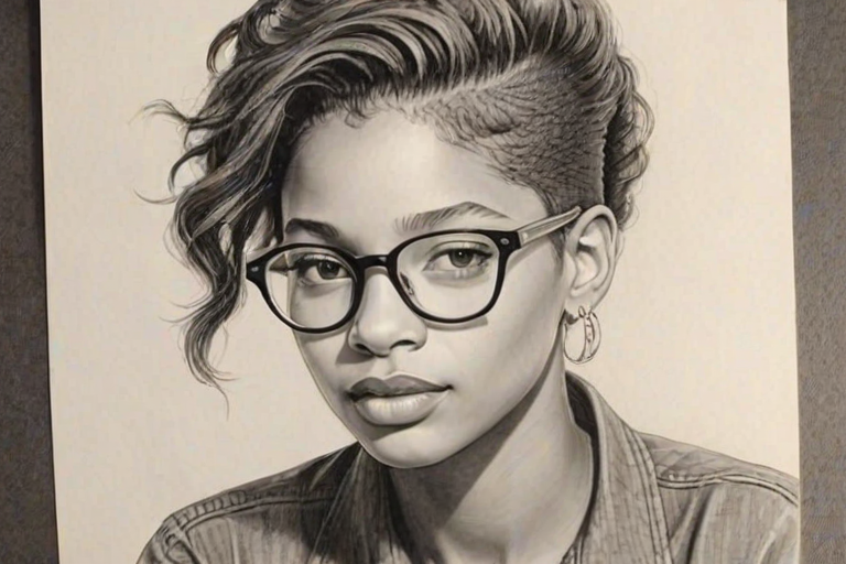 Elegant Willow Smith, pencil sketch, portrait of Radiant woman 1940s in glasses, hair style beatnik, outline, clear lines, fine lines, 8k