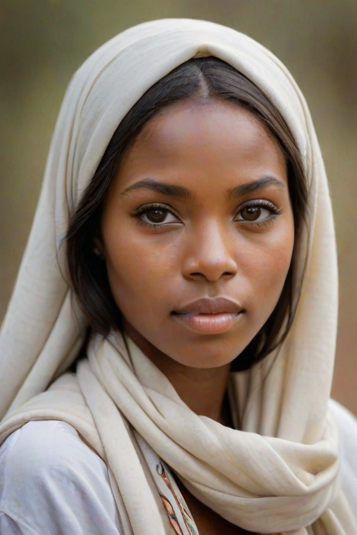 Create a portrait of a young Zulu woman with long, dark hair and captivating hazel eyes. She is wearing a white headscarf and a matching scarf draped gracefully around her neck. The background is softly blurred, focusing attention on her serene and natural expression. The overall color palette is muted and warm, enhancing the intimate and authentic feel of the portrait.