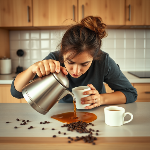A portrait capturing a humorous and relatable scene of morning exhaustion. A woman with a messy bun, is slumped over a kitchen table, head resting on the surface in apparent fatigue. Despite their exhaustion, they are attempting to pour coffee from a pot, but instead of pouring the coffee into the mug she is pouring it onto the kitchen table. The kitchen setting is minimal, with simple countertops and a tiled backsplash in the background. Scattered coffee beans and an empty cup add to the sense of early morning chaos. The overall mood is lighthearted, portraying the struggle of waking up and the desperate need for coffee in a comedic yet relatable way.