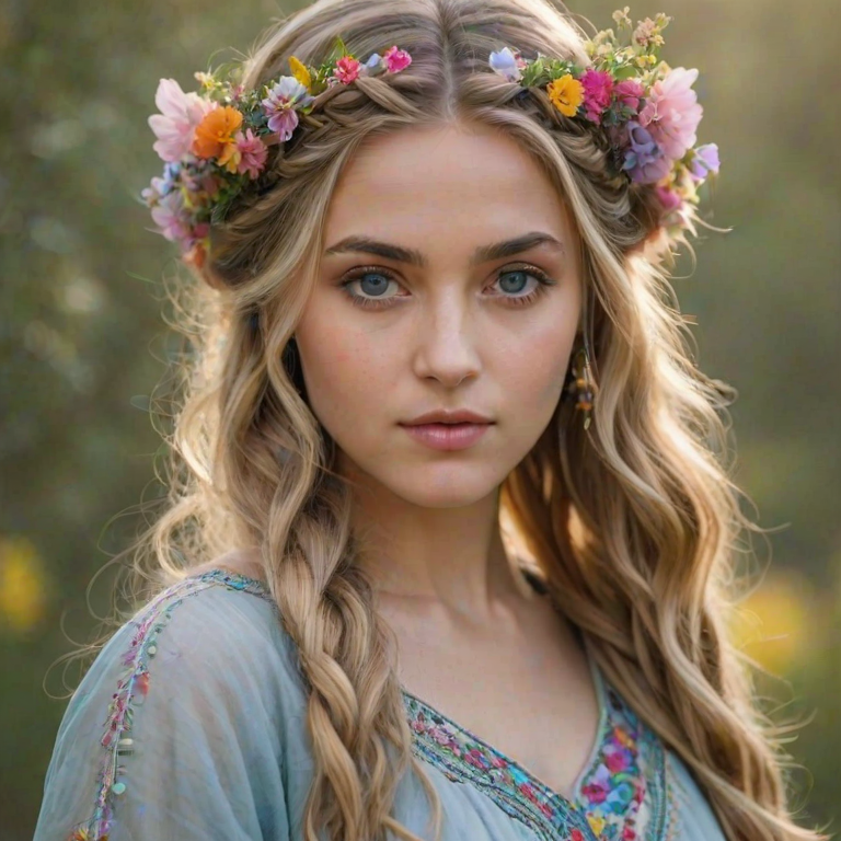 Create an image of a young Afghan woman with long, wavy blonde hair, adorned with small, colorful flowers woven into her braids and loose strands. Her complexion is fair, with soft, glowing skin, and she has light blue eyes that gaze softly at the viewer. She wears a light, flowing dress with a gentle, ethereal quality, complementing her delicate and serene appearance. The background is slightly blurred, drawing focus to her tranquil expression and the intricate details of the flowers in her hair. The overall mood of the image is one of natural beauty and grace, evoking a sense of peacefulness and connection with nature.