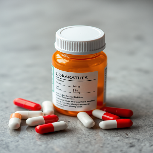 Generate an image of a prescription bottle with red and white capsules beside it, shot with a 50mm lens, at f/2.8 aperture, in natural lighting, using a DSLR camera, with a slight top-down angle to emphasize the bottle and capsules.