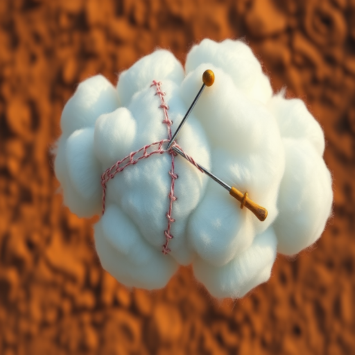 Create a digital illustration of a cloud with visible stitching and a needle, featuring a warm earthy background, using a wide-angle view, with soft focus and high dynamic range imaging at 24mm f/2.8, ISO 100.