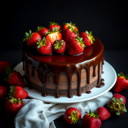 Chocolate cake with strawberries on top rich chocolate ganache dripping down the sides placed on a white plate surrounded by fresh strawberries dark background soft lighting