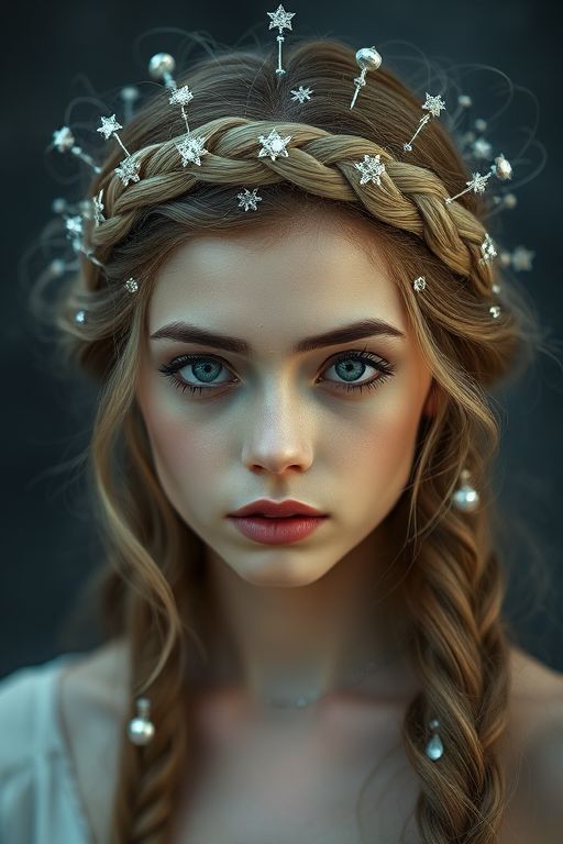 Mystical moonlight silver halo braid crown with ethereal wisps framing the face, adorned with delicate celestial hair accessories