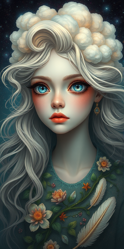Create a series of imaginative portraits where each subject is infused with elements of fantasy and nature. The hair of the individuals should flow like clouds, varying from soft, fluffy cumulus to wispy cirrus strands, with hints of color reflecting a sunset or a clear blue sky. The eyes should be windows to entire galaxies, with stars, nebulae, and distant planets visible within them. Clothing should be adorned with nature motifs, such as floral patterns that bloom and change, vines that seem to grow and wrap around, or feathers that shimmer with iridescence. Each portrait should capture a unique personality, blending human features with the ethereal beauty of the natural and cosmic world. The backgrounds can vary, from starry night skies to enchanted forests, adding depth and context to the magical realism of the portraits