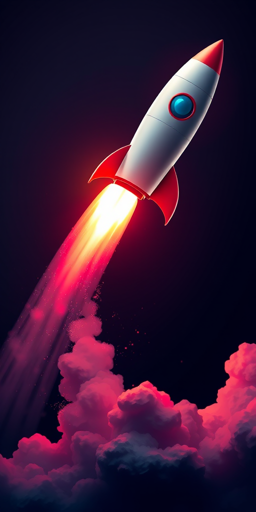 Create a high-resolution digital illustration of a rocket launching with a sleek design, capturing dynamic motion, using a Canon EOS 5D Mark IV with a 24mm lens, aperture f/8, 1/1000s shutter speed, and vibrant colors against a dark background.