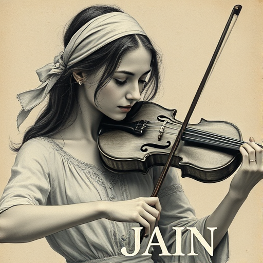 a young Ashkenazi woman with a white headband playing a violin, in the style of a charcoal drawing, sepia grunge background