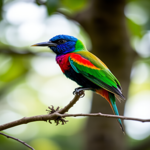 capture a vibrant bird perched on a branch in a natural setting with a shallow depth of field, 85mm lens, f/2.8 aperture, ISO 200, 1/200 sec shutter speed, soft natural lighting, using a DSLR camera
