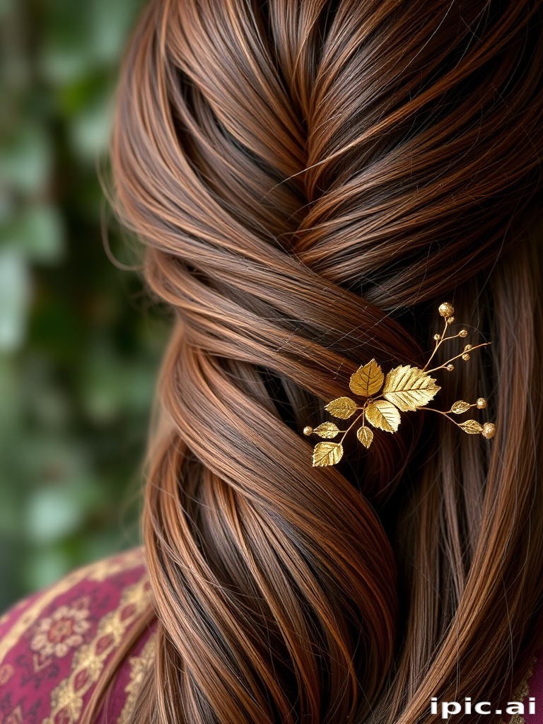 Glossy chestnut brown French twist with delicate golden leaf accents, the "Gilded Forest" style epitomizes timeless elegance and natural grace