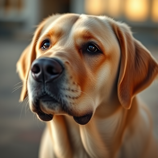 A close-up portrait of a golden Labrador retriever with soft, diffused lighting, shallow depth of field, 50mm lens, f/1.8 aperture, ISO 200, 1/200s shutter speed, captured in early morning light with a bokeh background.