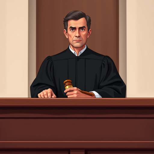 Create an illustration of a judge standing behind a bench, wearing a traditional black robe and a gavel in hand, with a serious expression, soft lighting to enhance detail, shot with a Canon EOS 5D Mark IV, aperture f/2.8, focal length 50mm, ISO 200, natural light, slightly from a low angle for dramatic effect.
