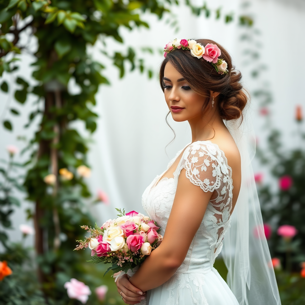 Garden scene, bridal model, delicate lace gown, floral headpiece, soft romantic focus, high-key lighting and an 85mm lens for soft, even tones that highlight the model’s face and bright outfit against a white or light background