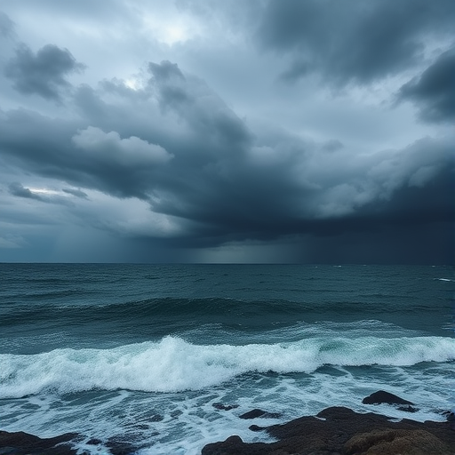 Sharp, high-contrast photo of a stormy ocean, dark clouds gathering in the sky above, waves crashing against the rocky shore, the distant sound of thunder rumbling, a sense of nature's raw power captured.