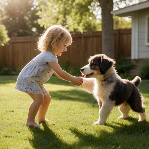 Warm, softly lit image of a child playing with a puppy in a sun-drenched backyard, soft shadows from trees dancing on the grass, the smell of freshly cut lawn lingering in the air, laughter and playful barking frozen in the moment.