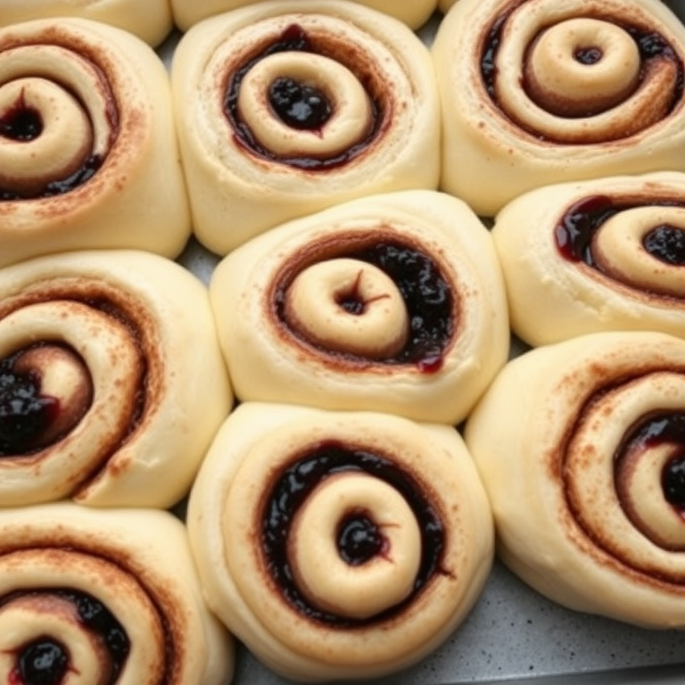 A close-up view of freshly made cinnamon rolls with a swirl of dark berry filling on a baking tray, displaying soft dough and glossy filling, shot from above with a focus on the spiral pattern and textures of the rolls.