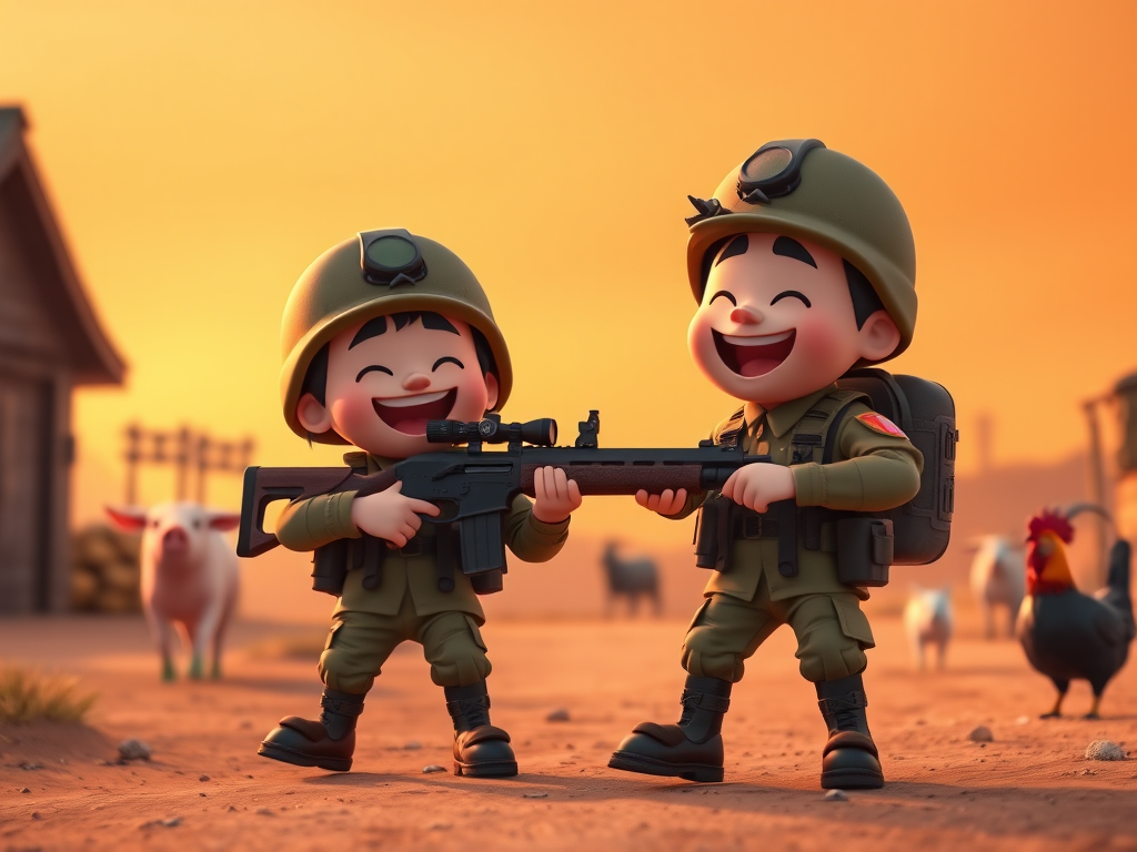 Generate an animated scene of two cartoon soldiers joyfully holding a shotgun, with a pink pig running in the background, a goat and rooster nearby, set against a gradient orange sky, using a Canon EOS R5 with a 24-70mm lens, f/4 aperture, 1/250s shutter speed, and ISO 200 for enhanced clarity and color vibrancy.