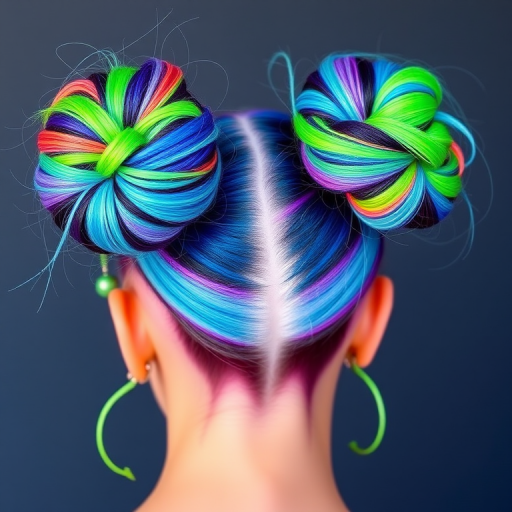 Playful space buns with neon green and electric blue two-tone color, featuring shimmering glitter roots and face-framing tendrils, perfect for festival season