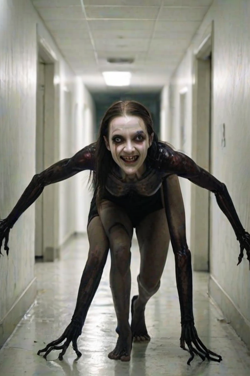 a crooked female with long arms and a creepy smile is crawling along a long white corridor and you can also see cockroaches in it there is a creepy atmosphere creepy art style