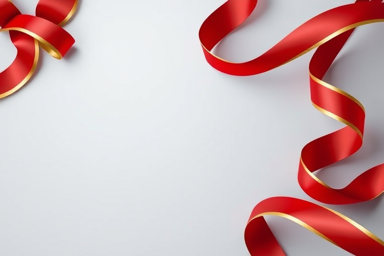 create an elegant red ribbon banner with golden edges, focus on rich colors and smooth textures, use a DSLR camera, f/2.8 aperture, ISO 100, shutter speed 1/200 sec, shot from a frontal view with soft lighting for enhanced quality