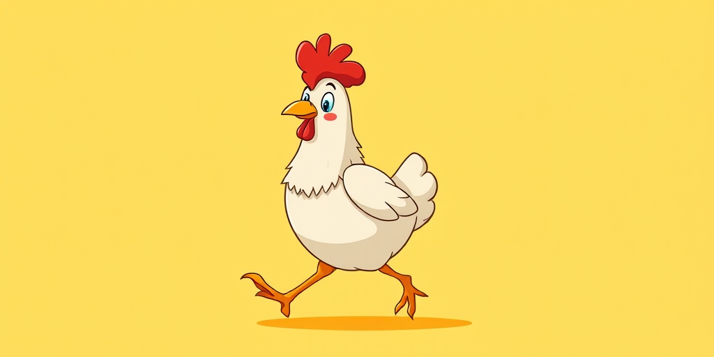 Create a vibrant cartoon illustration of a cheerful chicken with a red hat, walking confidently against a soft yellow background, using a Canon EOS R5 with a 50mm f/1.2 lens at f/1.8, ISO 100, in bright natural lighting, and a shallow depth of field for enhanced image quality.