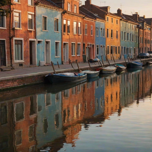 Soft-focus image of a row of colorful houses along a quiet canal at sunset, soft golden light reflecting off the water, with gentle ripples creating a sense of calm and serenity.